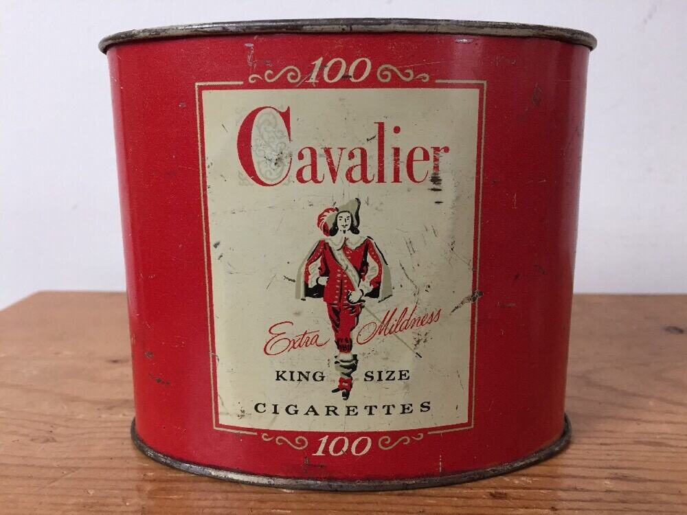 Vintage RJ Reynolds Cavalier 100 King Size Cigarettes Red Oval Metal Tin EMPTY